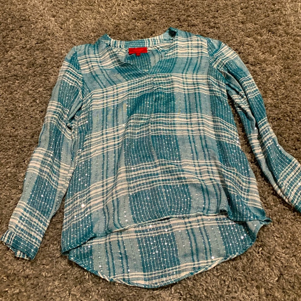 Jennifer Lopez teal blue sequin flannel shirt